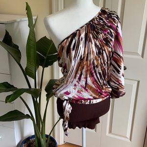 Bebe silk one-shoulder mini dress with belt, S